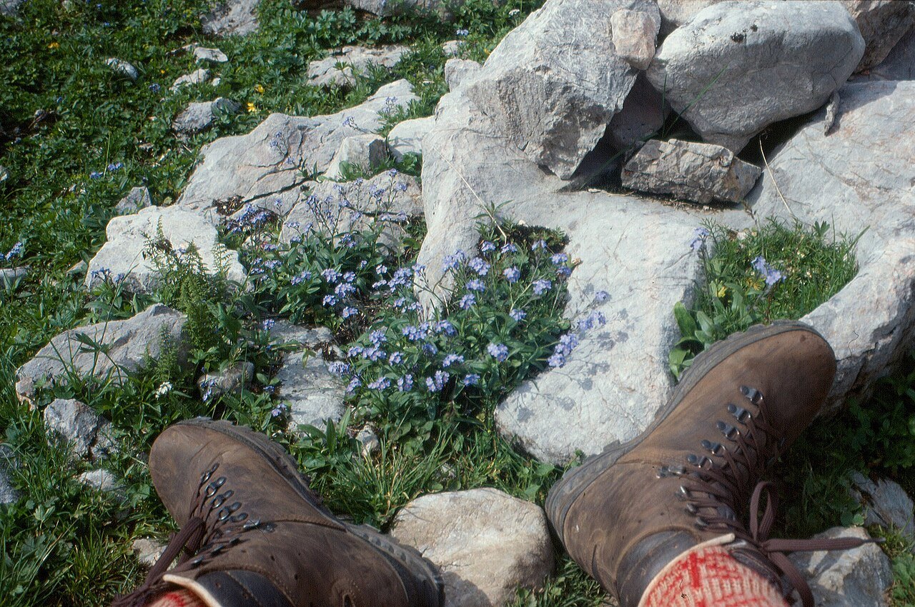 Walking boots on rocky ground, illustrating footwear choices.